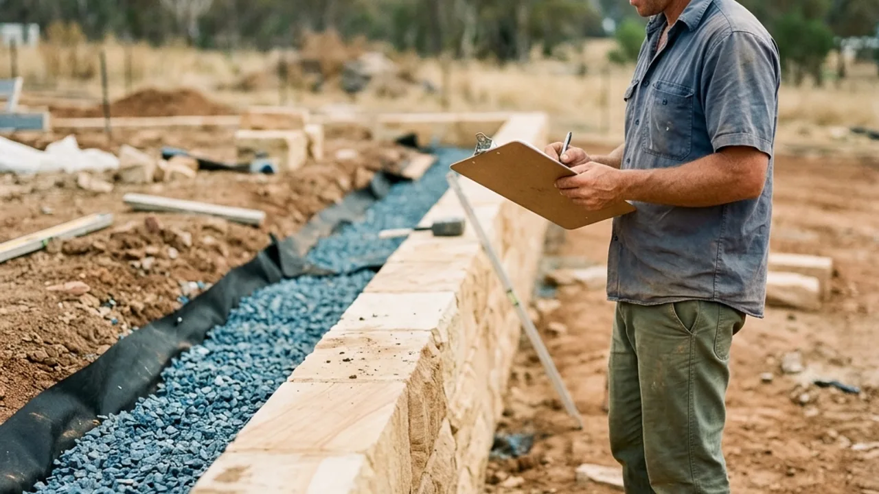 Retaining wall plans, site notes and measuring tools