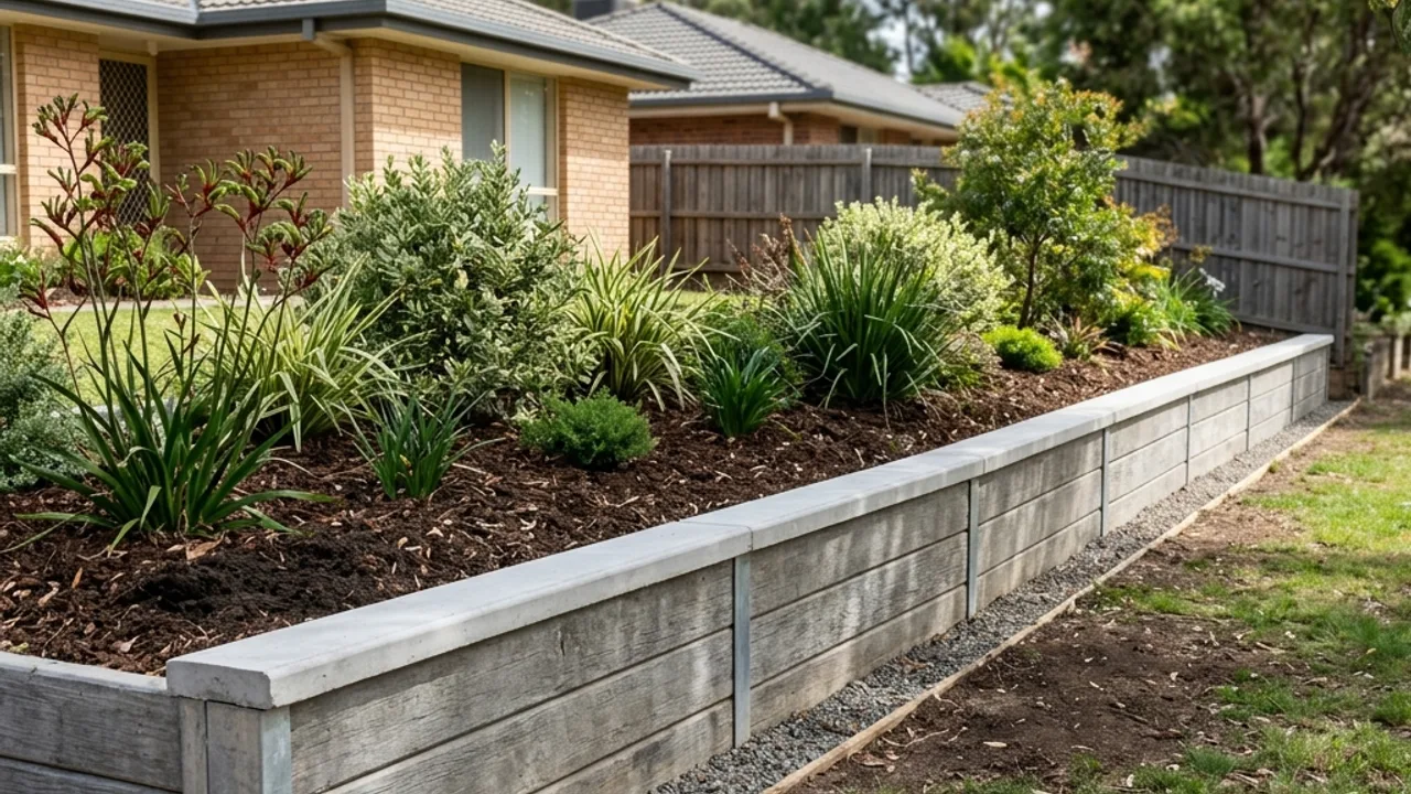 Completed Gold Coast retaining wall holding a planted garden bed beside a suburban home